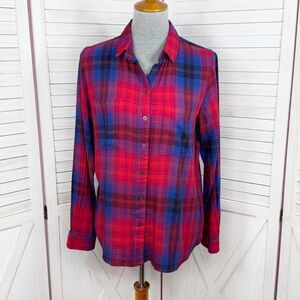 Gap Two Pocket Plaid Button Up Boyfriend Shirt Red Blue Small